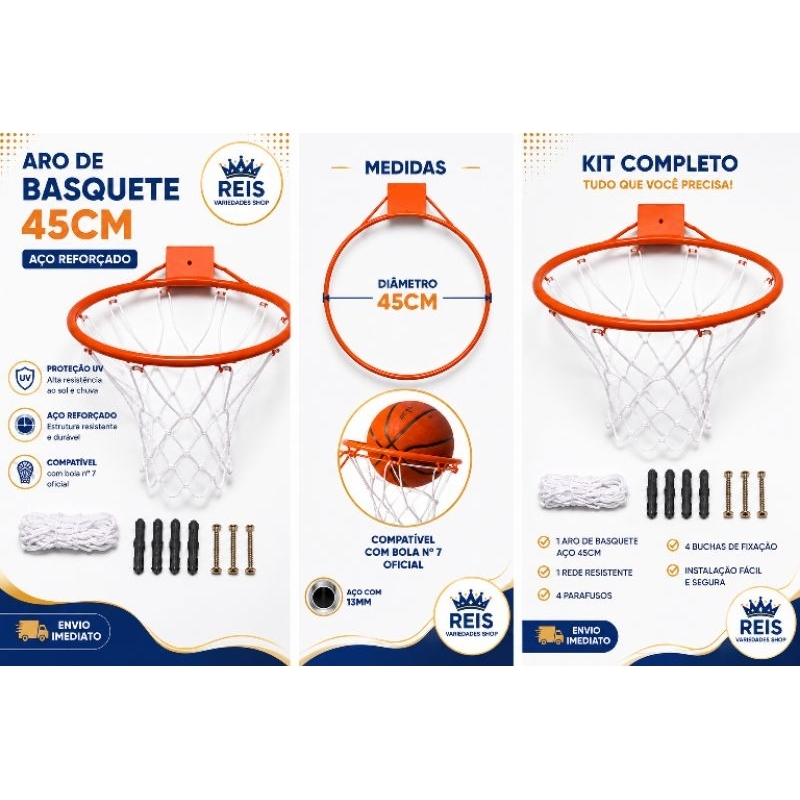 Aro de Basquete 45cm em Aço Reforçado com Rede + Parafusos e Buchas | Pronto para Instalar