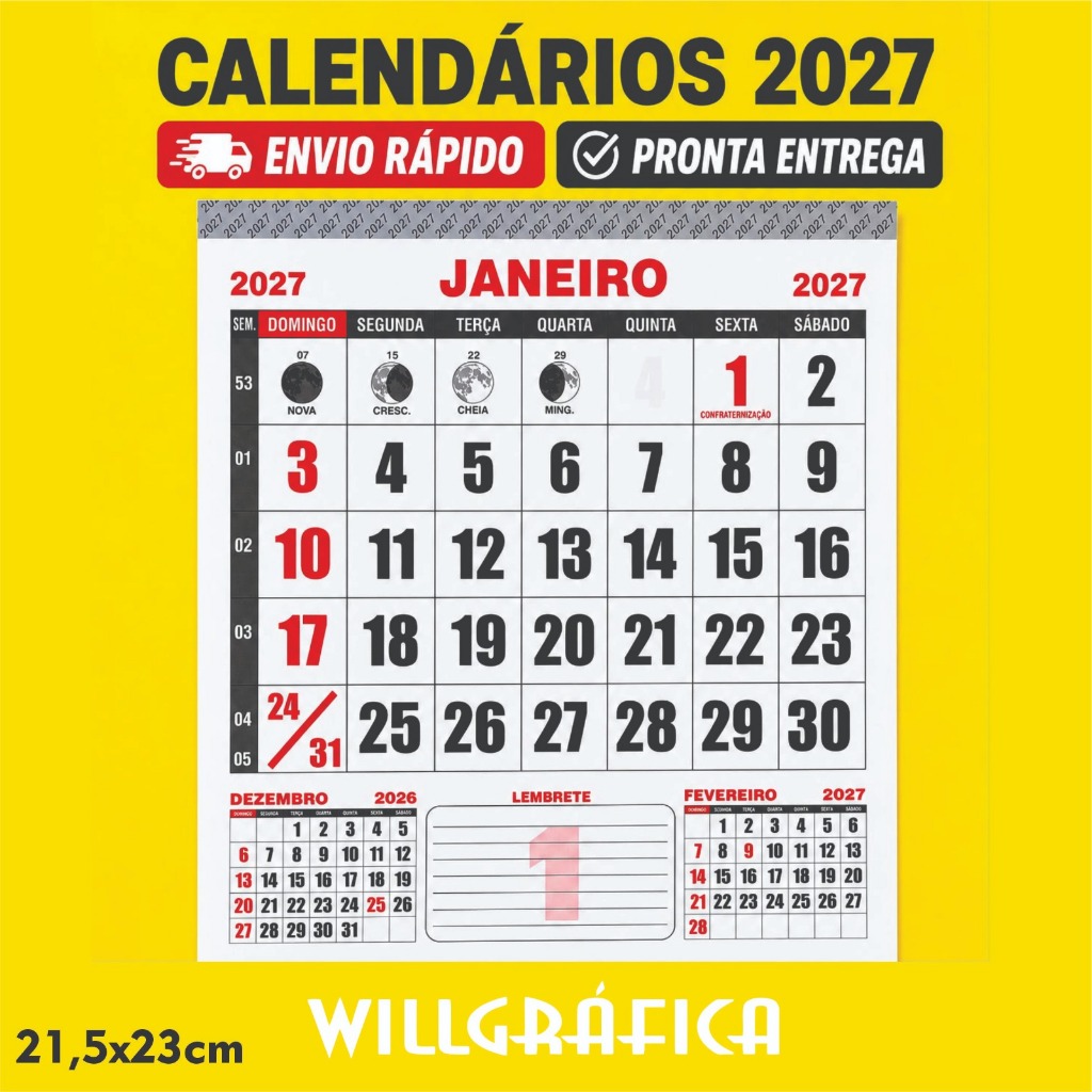 Blocos Calendário 2027 21,5x23cm Refil – Folhinha Comercial Parede