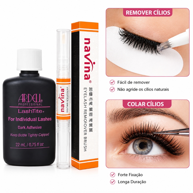Kit Cola Para Cílios Ardell Lashtite 22ml Hipoalergica + Caneta Gel Removedor Navina De Cola Para Cílios