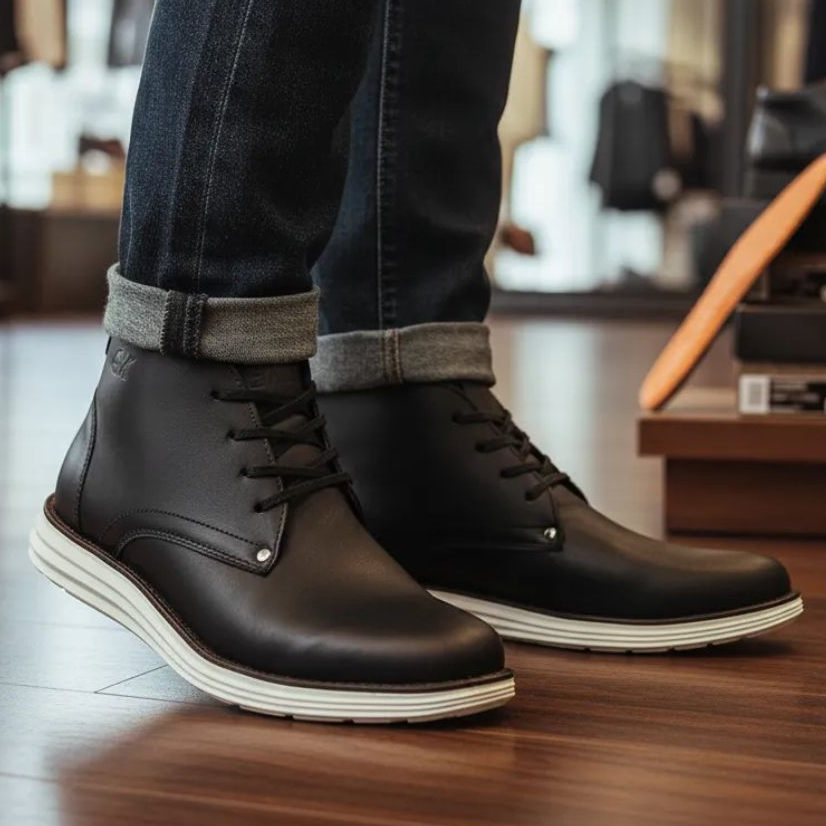 Coturno Masculino Casual Couro Legítimo Preto Cano Curto Solado de EVA