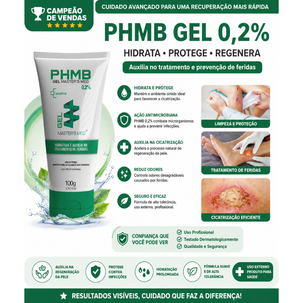 Gel PHMB 0,2% 100g Master´s Med Cicatrizante Antisséptico Hidratante Tratamento de Feridas Uso Profissional e Doméstico
