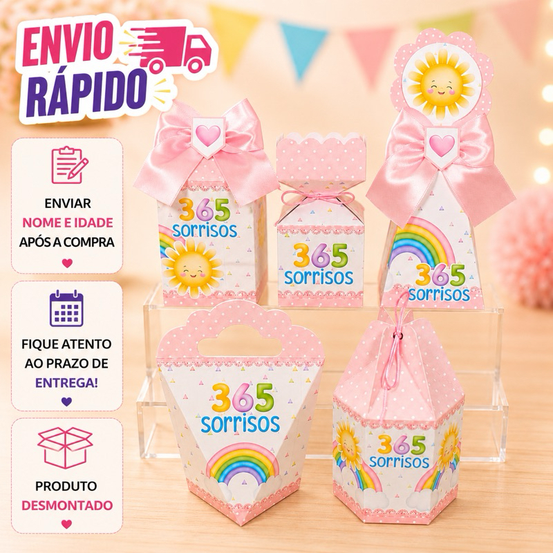 kit Caixinhas Personalizadas para Festa 365 SORRISOS ROSA Lembrancinhas de Aniversário DESMONTADO.