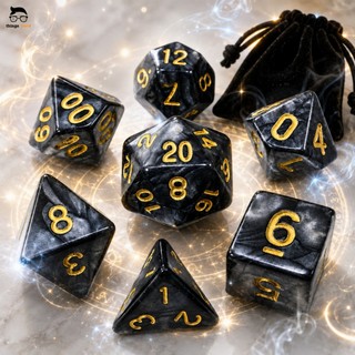 Conjunto 7 Dados Rpg D&d Preto Dourado Marmorizado + 1 Bolsa