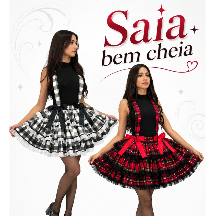 Saia Festa Junina São João Chic Caipira Arraiá Quadrilha Curta Juvenil Adulta Rodada Xadrez Florida