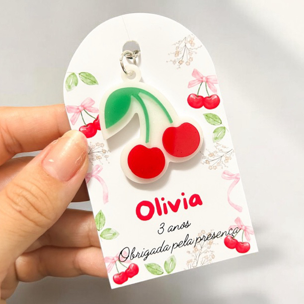 Kit 10 20 30 Chaveiro Cerejinha Resina Lembrancinha Aniversário Personalizada com Tag