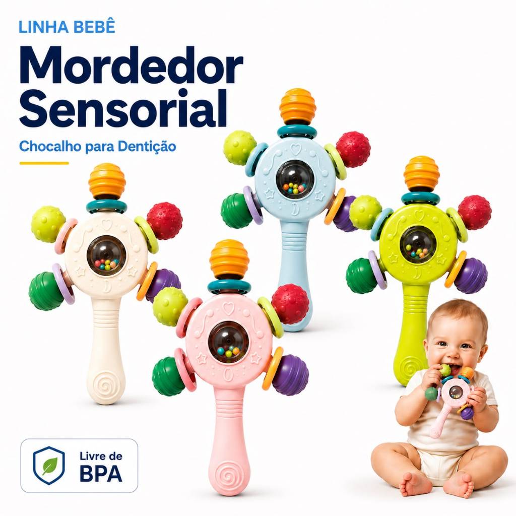 Mordedor Bebê Dentição Chocalho Sensorial Massageador de Gengiva Silicone Bpa Free Som Suave Menino Menina