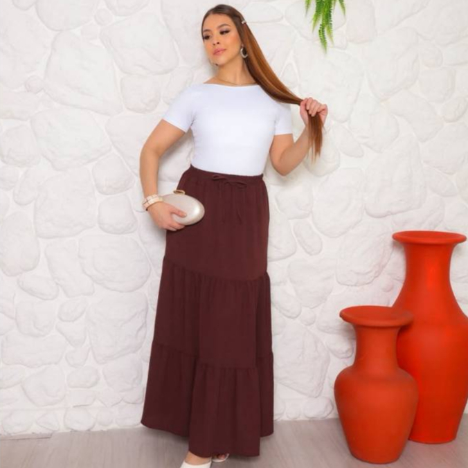 Saia Evangélica Longa Três Marias em Duna com Forro Zero Transparência e Elástico na Cintura Moda Feminina