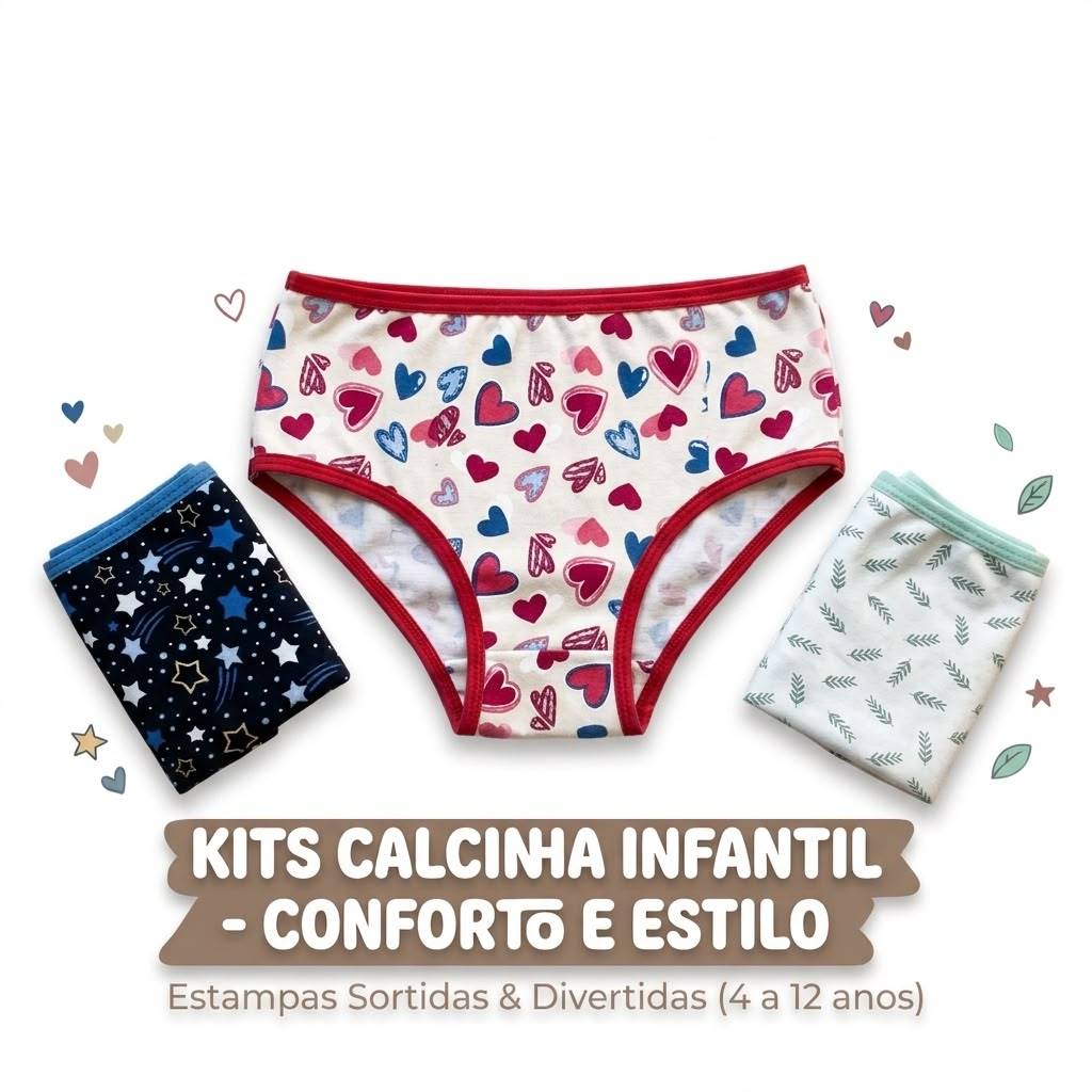 Kit 10 Calcinhas Infantil Menina Algodão Estampas Fofas Sortidas Conforto Dia A Dia Casual