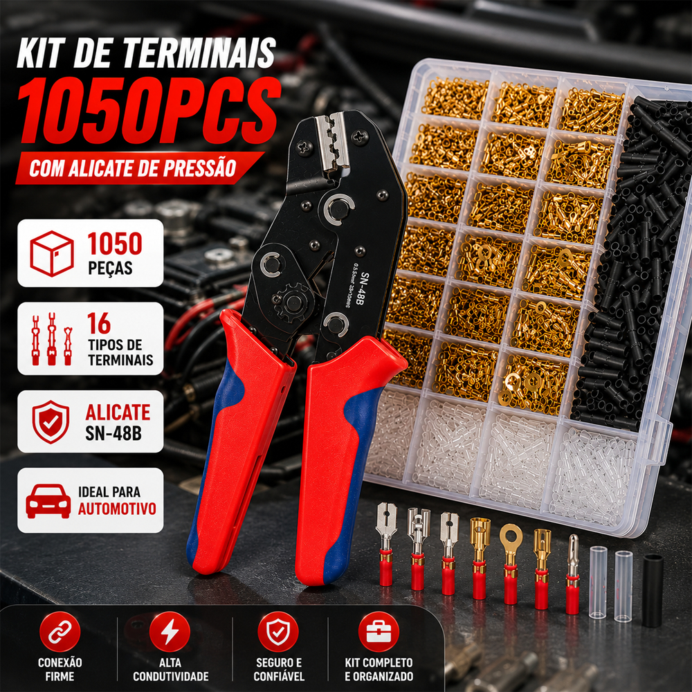 Kit 1050 Terminais Automotivos com Alicate SN-48B para Chicote Elétrico e Bateria