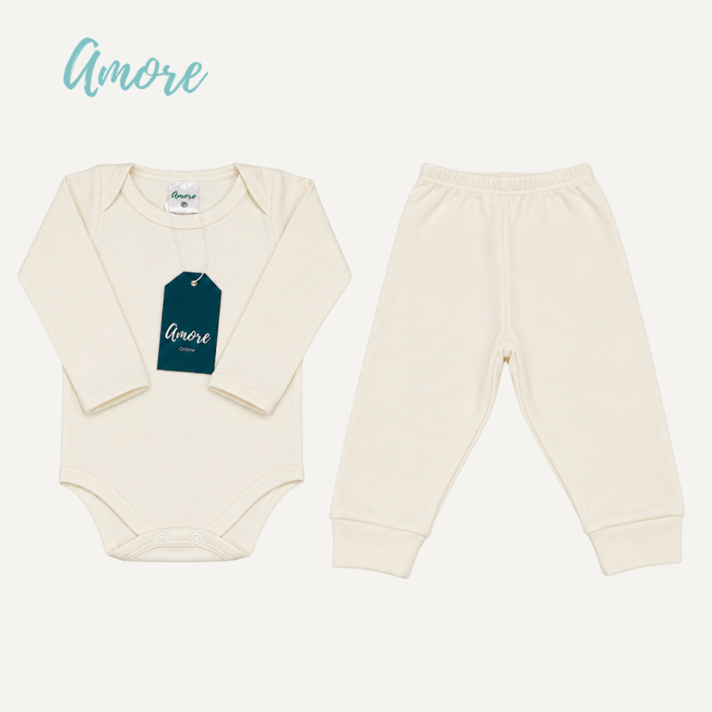 Conjunto Body Manga Longa Amore Bege e Calça Bege 100% Algodão
