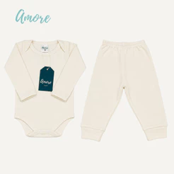 Conjunto Body Manga Longa Amore Bege e Calça Bege 100% Algodão
