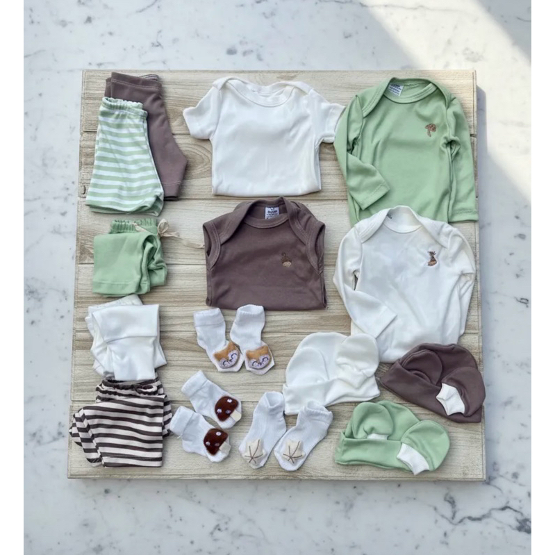 Kit Enxoval 18 Peças Bosque Minimalista 100% Algodão Macio Enxoval Roupa De Bebê Maternidade Menino Menina