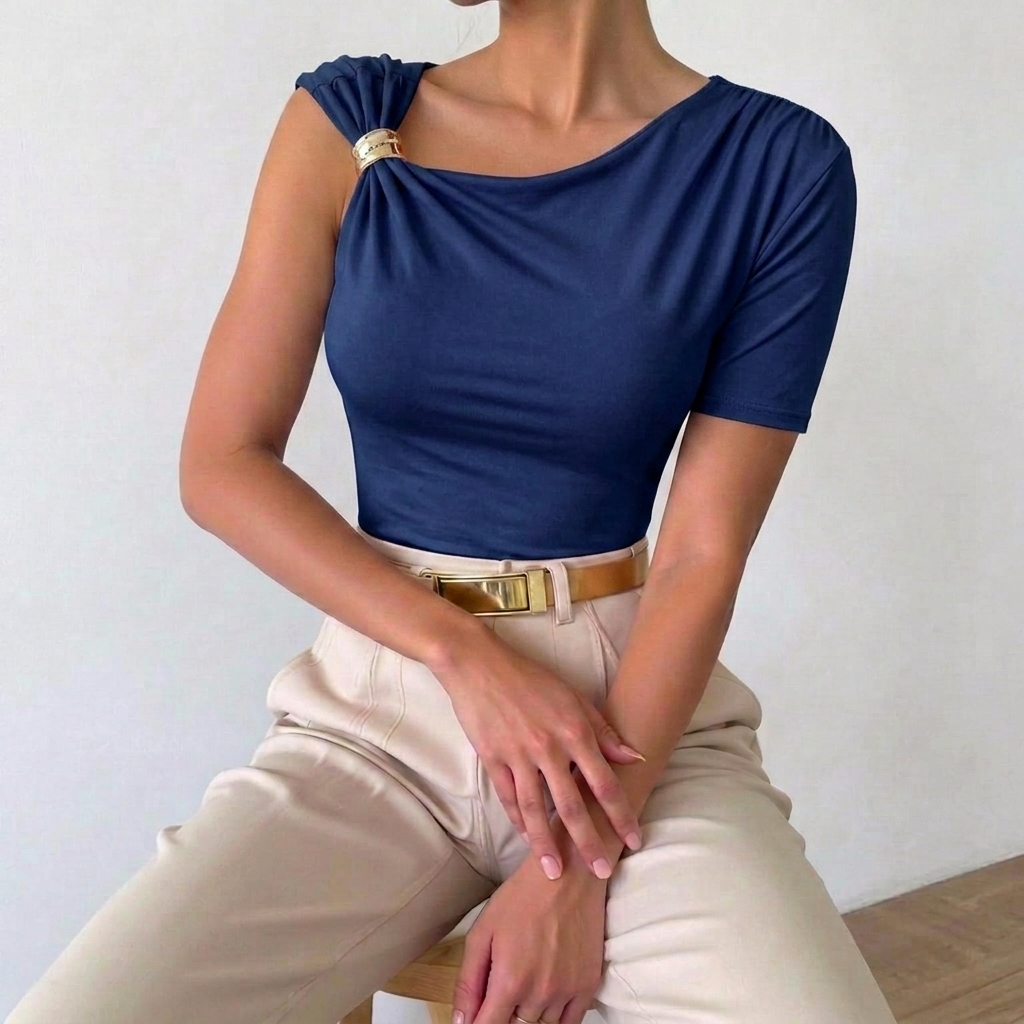 Blusa Feminina Elegante Suplex Premium Fivela Dourada Casual Trabalho Social Manga 3/4