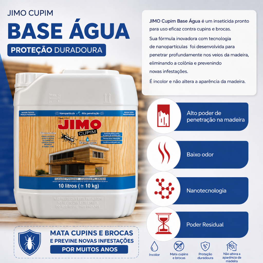 JIMO Cupim Base Água 10L Mata Cupins e Brocas | Incolor | Alta Penetração | Proteção Duradoura para Madeira