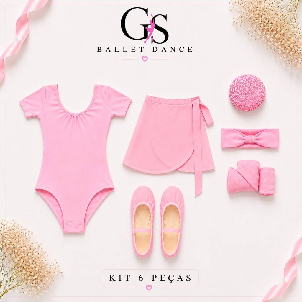 Kit Ballet Infantil 6 itens Collant Manga e Saia Transpassada