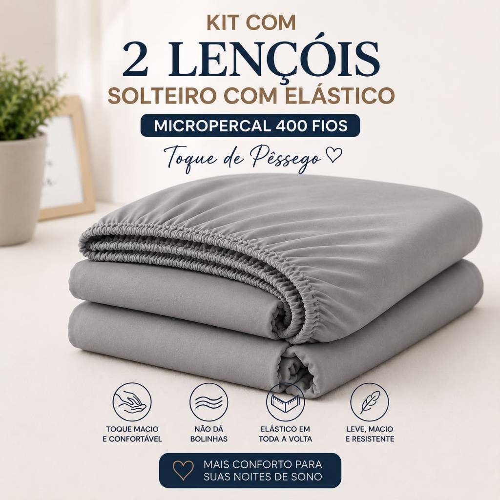 2 Lençóis Solteiro com Elástico Micropercal Macio 400 Fios Macio 90x190x30 Oferta