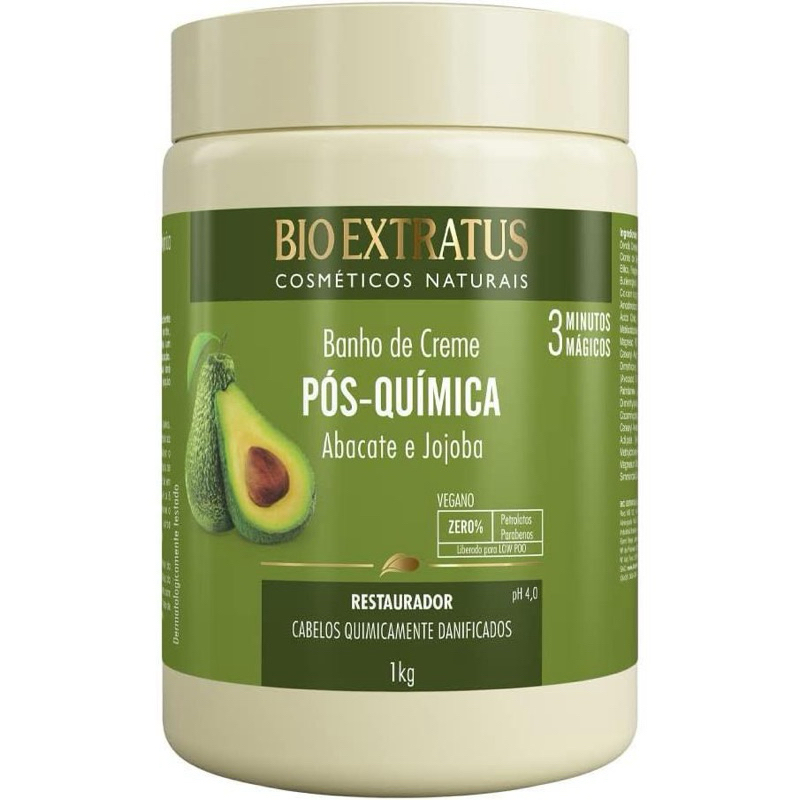 Bio Extratus Banho Creme Pós Química 1Kg com Abacate e Jojoba para Hidratação Profunda e Restauração de Cabelos