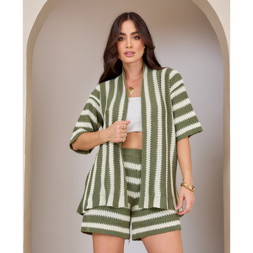 Conjunto Feminino em Tricô e Kimono Listrado Elegante Super Tendência
