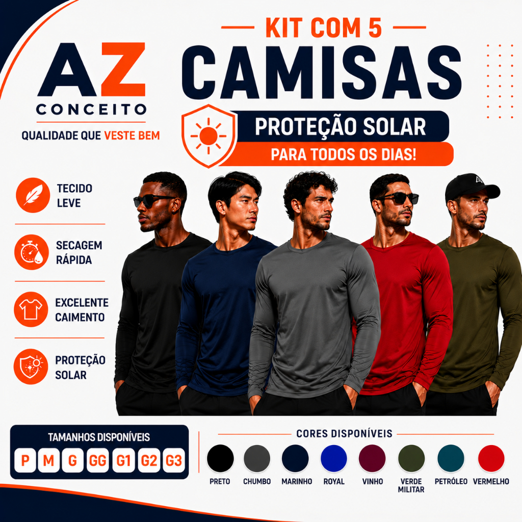 Kit 5 Camisetas UV Proteção Solar Uv50 Segunda Pele Praia Verão Todos os Tamanhos P ao G3