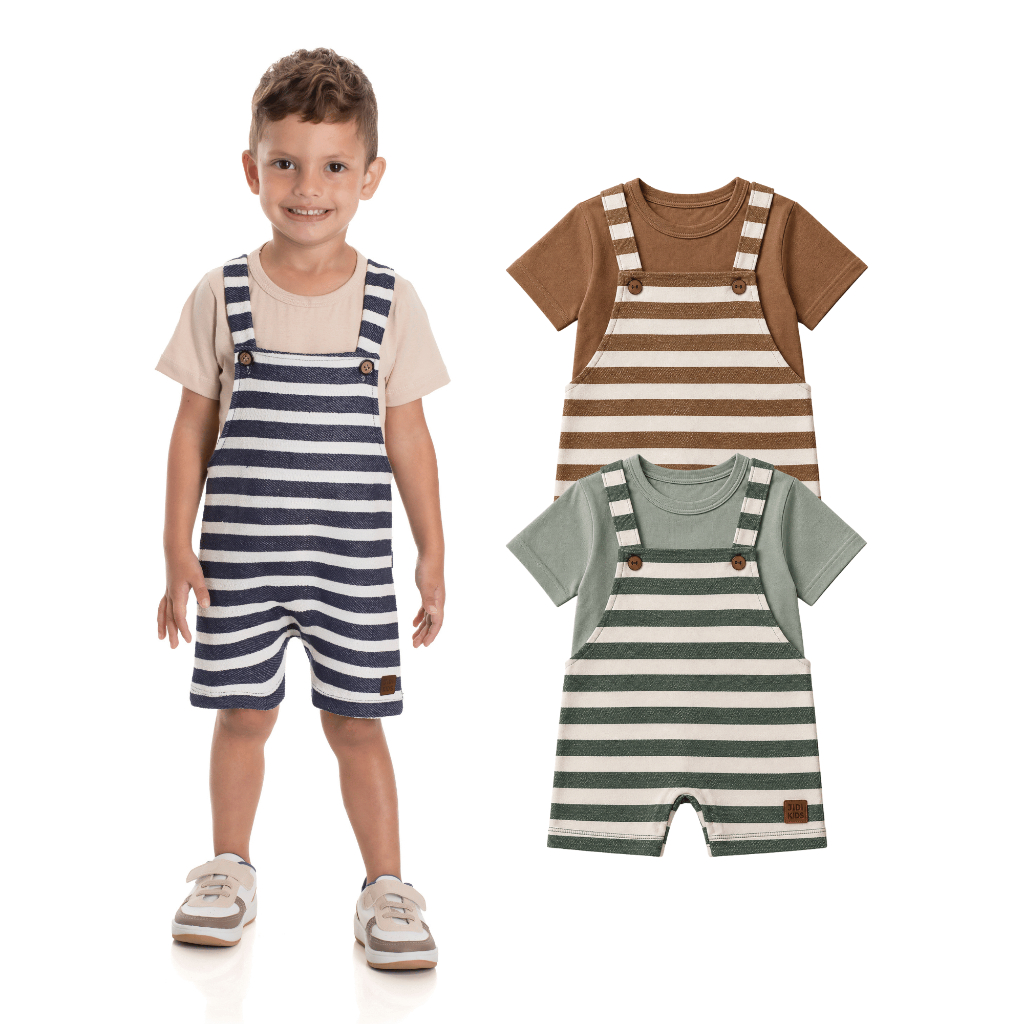 Conjunto Infantil Menino Camiseta de Algodão e Jardineira de Moletinho Eco Tamanhos 1 2 3