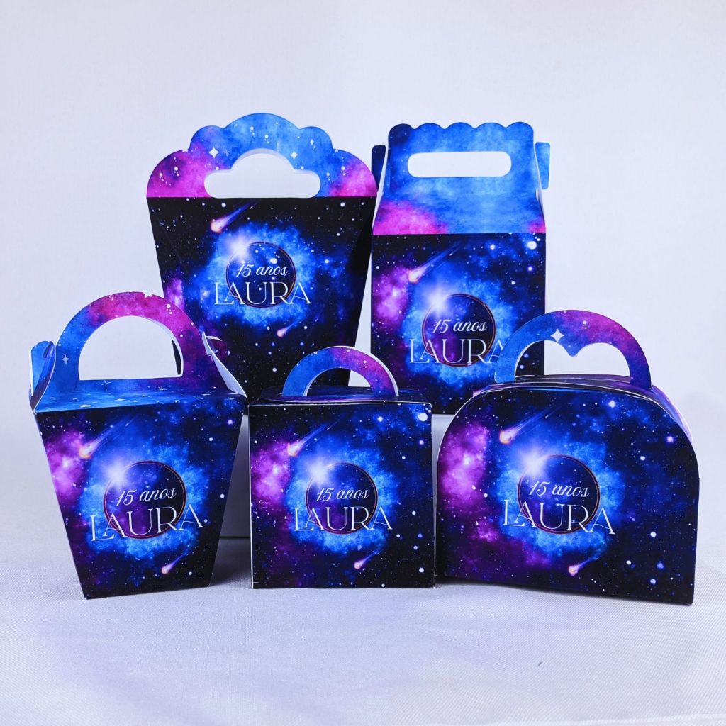 Kit 10 a 50 Caixinhas Personalizadas Com Alça Lembrancinhas Galaxia Debutante Festa Aniversario Festinha
