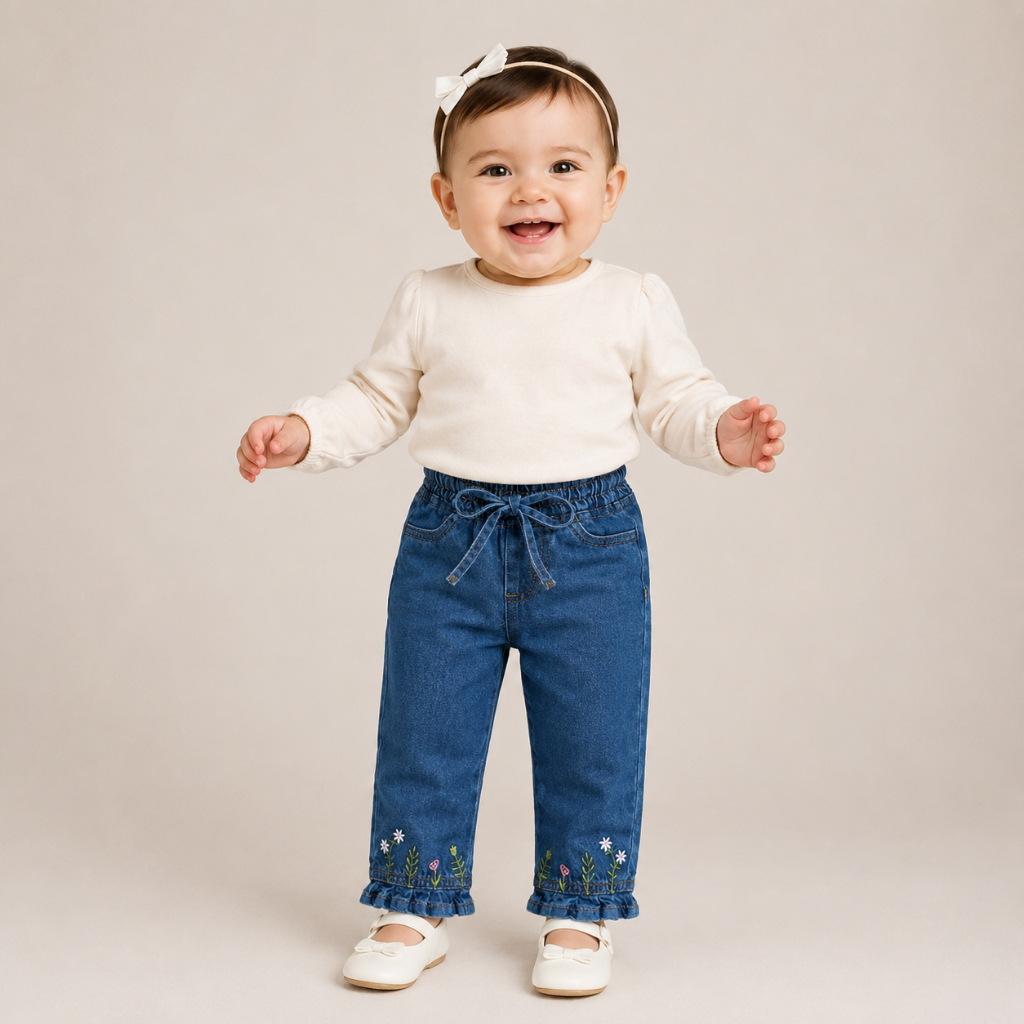 Calça Jeans Wide Bordado Floral Bebê Menina Cós Elástico Algodão Lordan