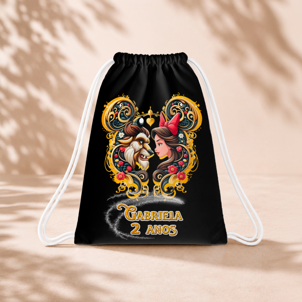 10 Mochila Personalizada Infantil 18x26 Sacolinhas Surpresa Festa Aniversário Lembrancinha A Bela e Fera M4