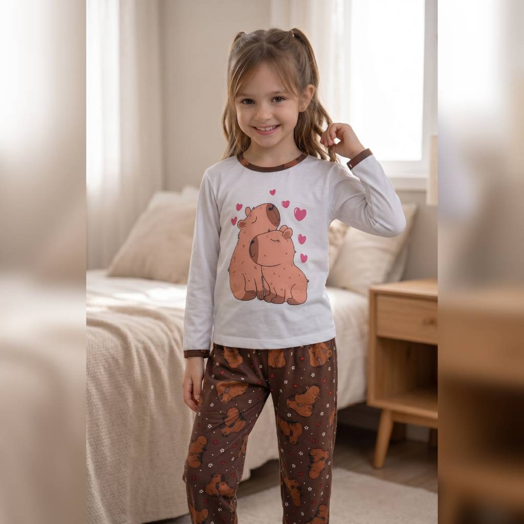 Pijama longo infantil de frio estampa da capivara marrom malha blusa longa e calça estampada