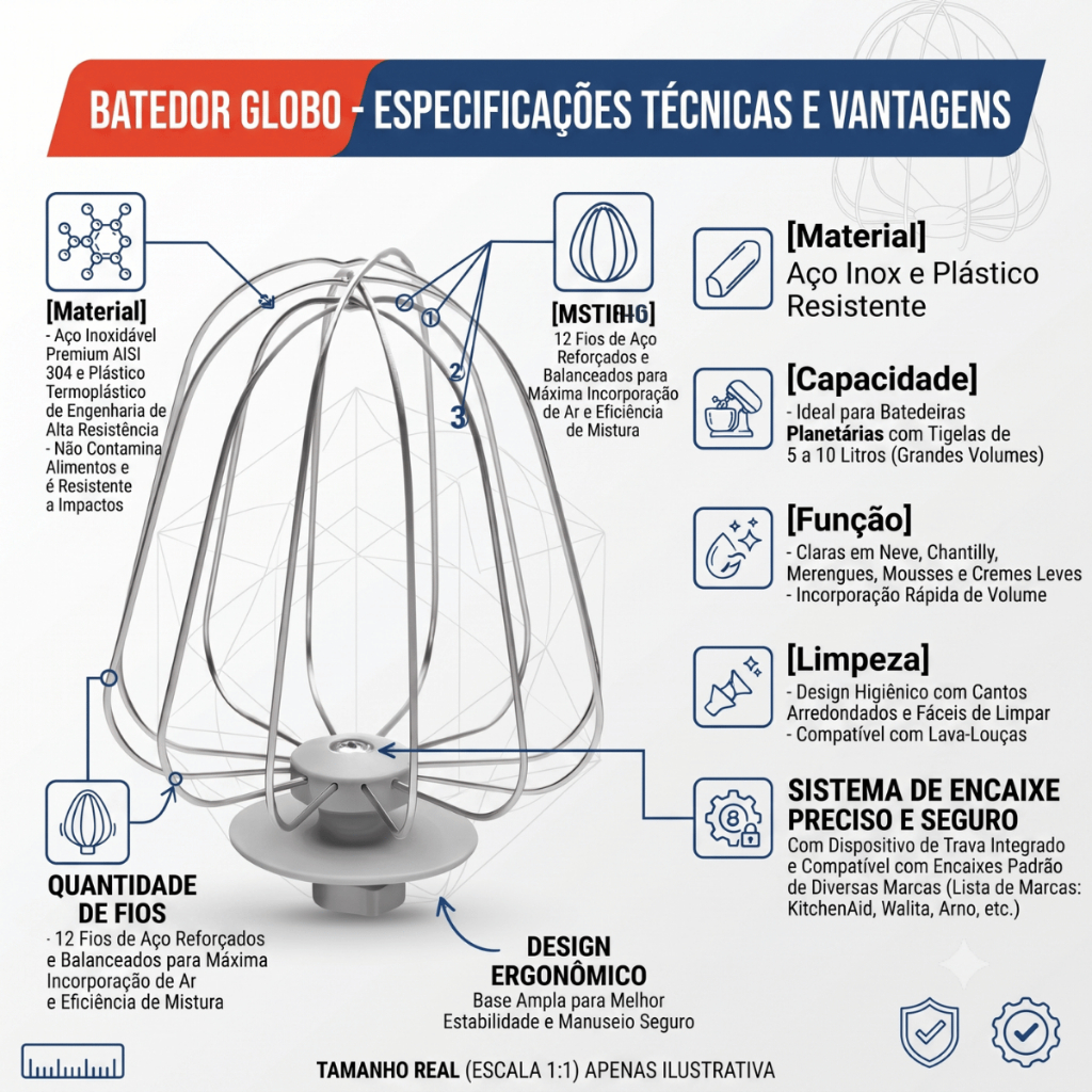 Batedor Globo Fuê para Batedeira Planetária Compatível Com Mondial - Alta Performance