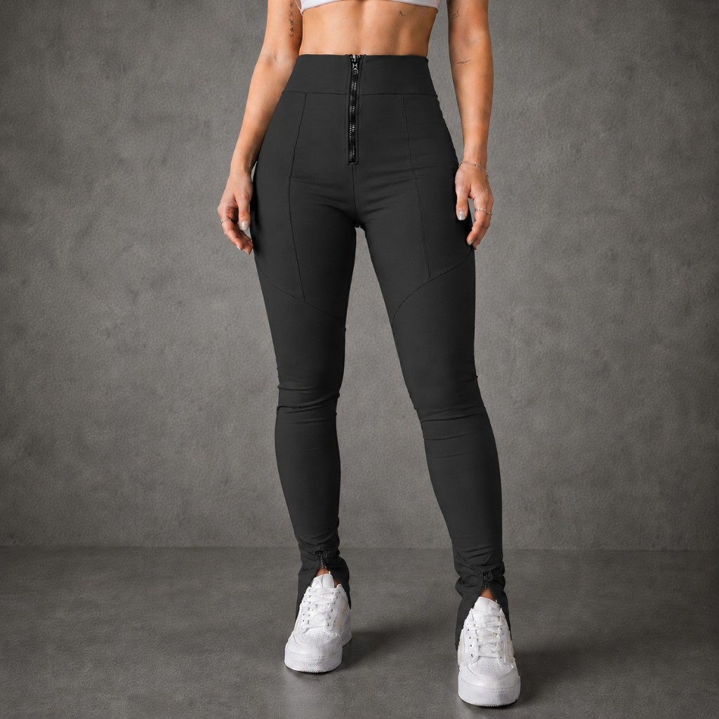 Calça Legging feminina Com Zíper Frontal E Nas Barras Tecido Power