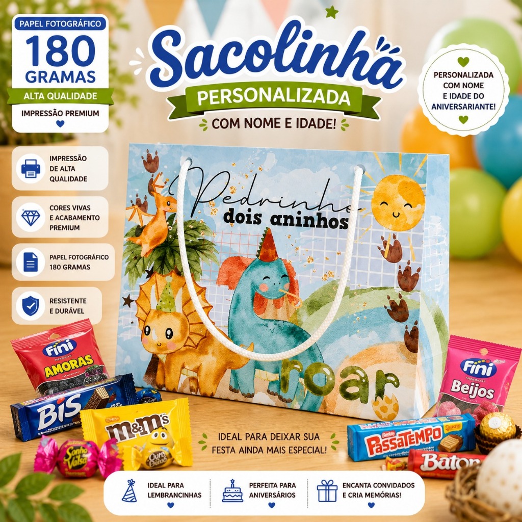 Sacolinha Personalizada Dinossauro – Lembrancinha de Aniversário | Pegue e Monte
