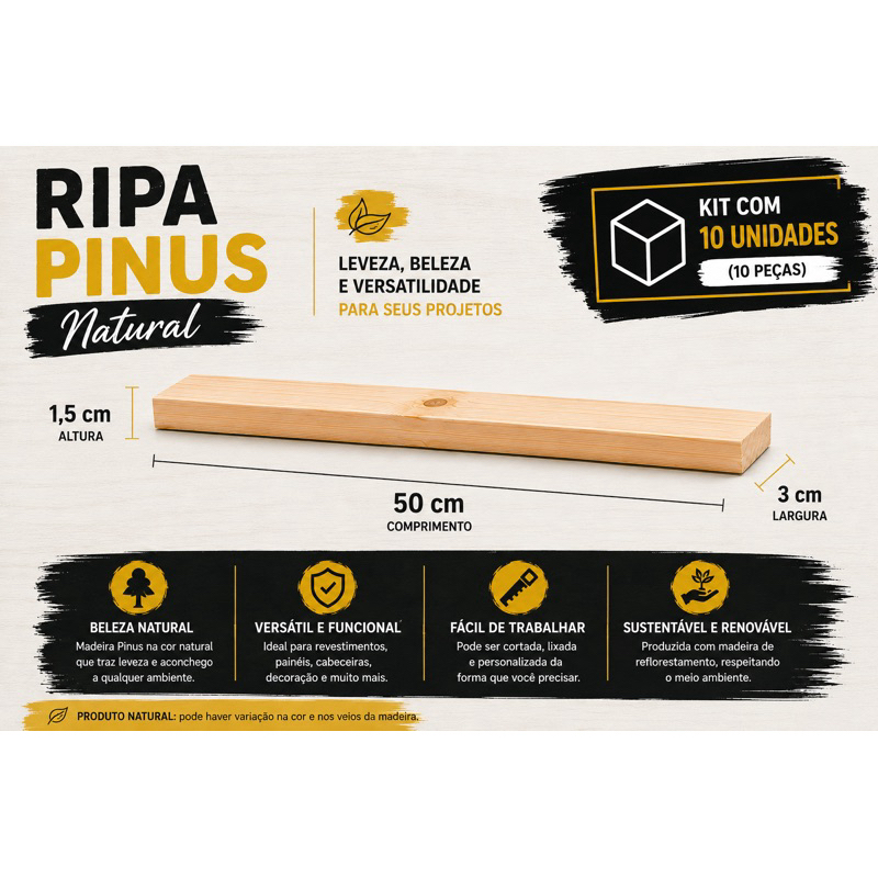 Kit 10 Ripas Pinus 1,5x2,5cm Madeira Aparelhada Painel Ripado Artesanato.