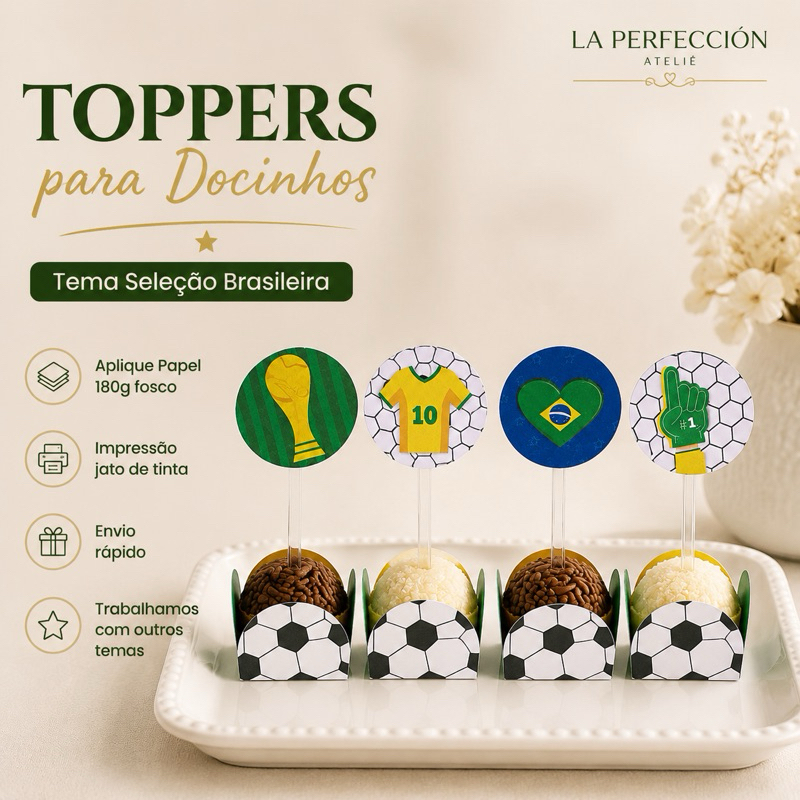 Topper para Docinhos Brasil Kit 30/50/70/100 un Topper Brigadeiro Seleção Brasileira Futebol