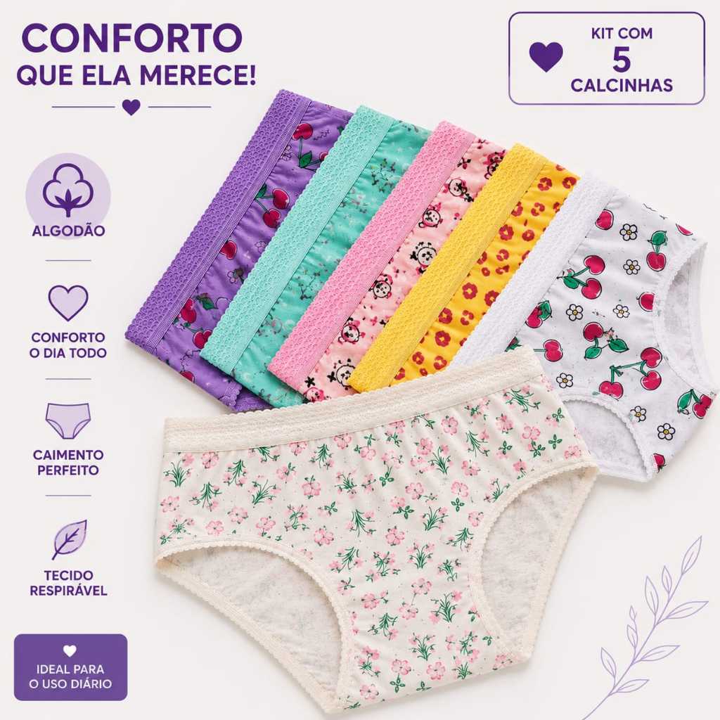 Kit 5 Calcinhas Infantil Menina  Estampadas de Algodão Cós Elástico