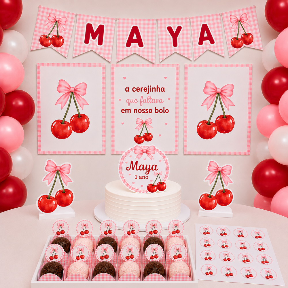 ENVIO IMEDIATO | Kit Festa Cerejinha | Só um Bolinho | Personalizados | Lembrancinhas | Aniversário e Mêsversário