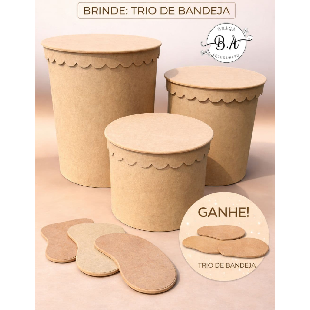 Trio de tampo babado Mdf para cilindros festa + brinde 3 bandejas