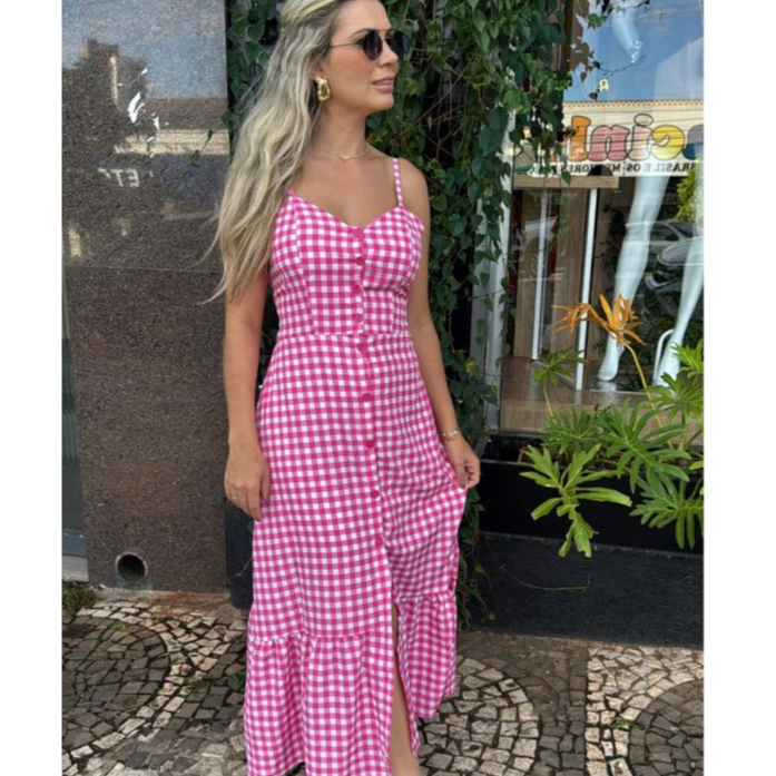 Vestido Feminino Xadrez Crepinho Forrado com Botões Frontais Babado Elástico nas Costas Moda Feminina Casual Elegante