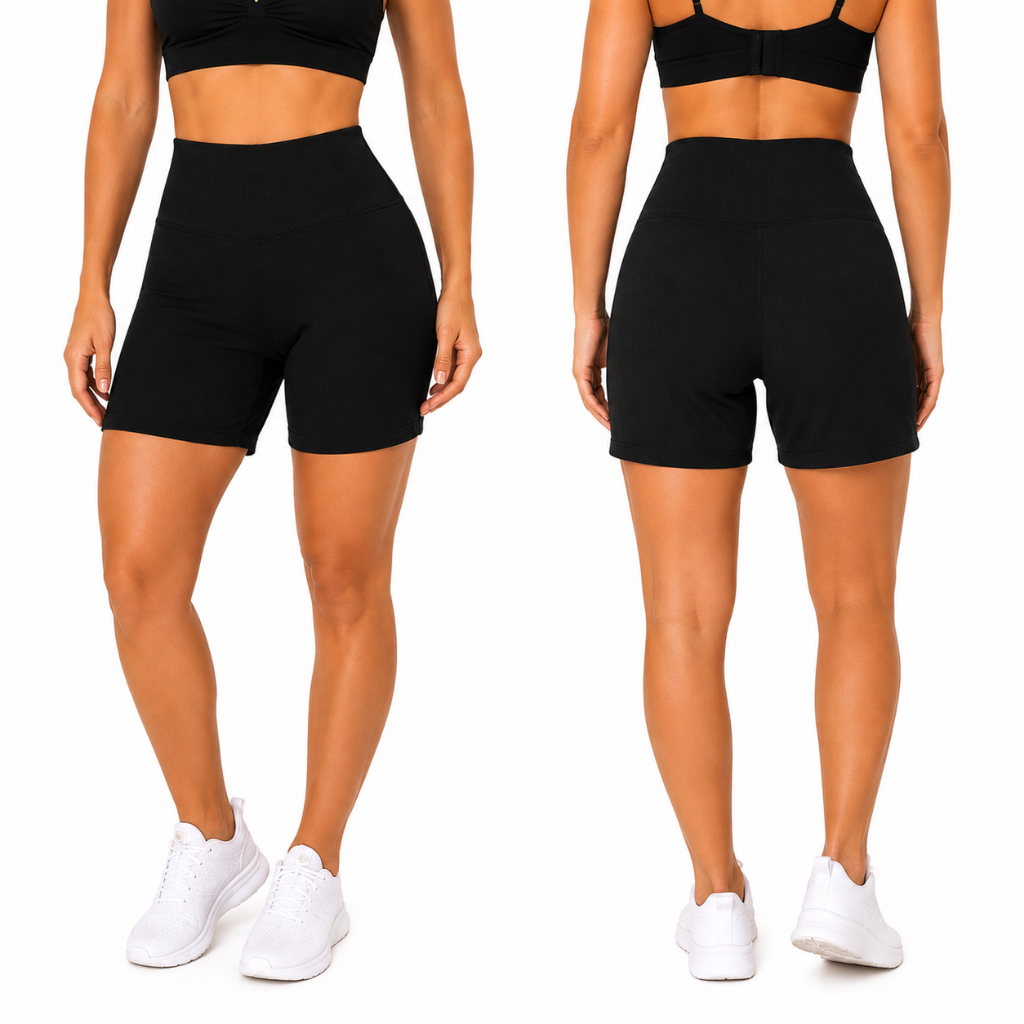 Short Legging Feminina Canelada Sem Costura Poliamida Sem Transparência Cintura Alta p/ Academia e Treino Fitness Yoga