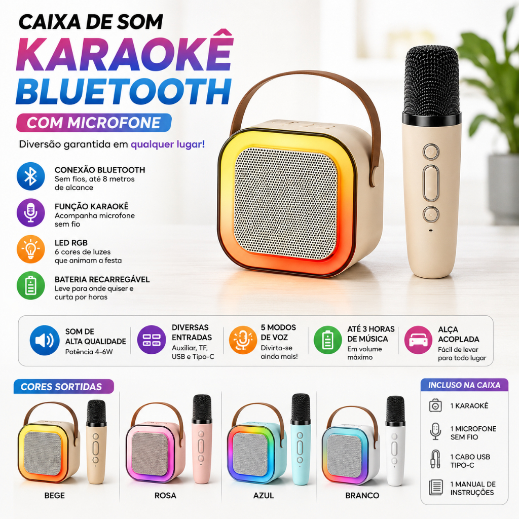 Caixa de Som Bluetooth Karaokê com Microfone Sem Fio LED RGB Recarregável USB TF Portátil K12