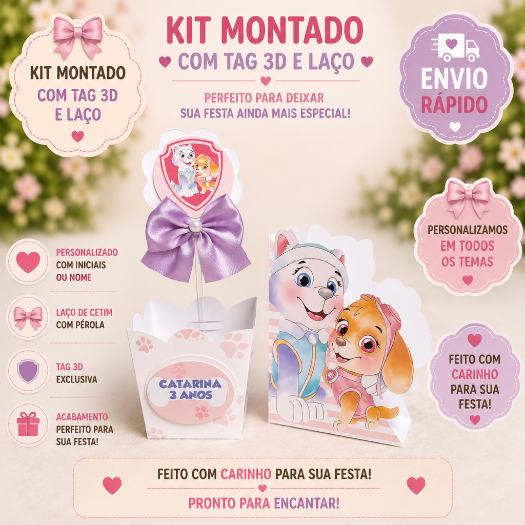 KIT CENTRO DE MESA PERSONALIZADO PATRULHA CANINA CACHEPÔ,GUARDANAPO ROSA, LEMBRANCINHAS