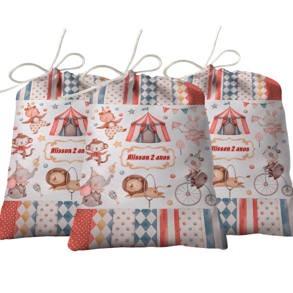 Sacolinha Lembrancinha Festa Aniversário Surpresa Tecido Personalizado Circo Aquarela Vermelho