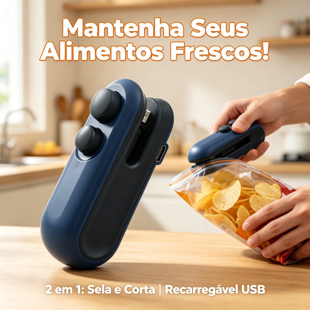 Mini Seladora de Embalagens 2 em 1 Portátil Recarregável USB Cortador e Vedador de Sacos Plásticos Cozinha
