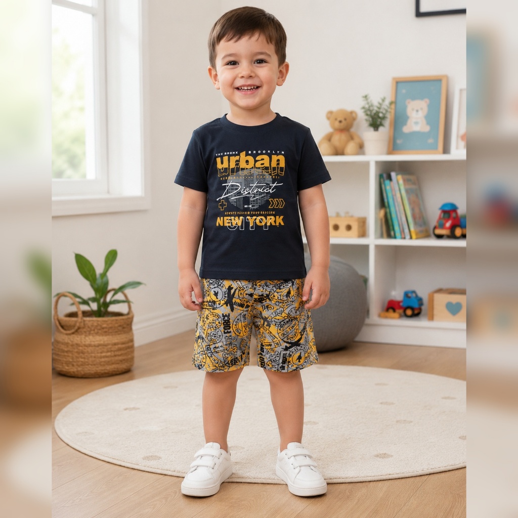 Conjunto Masculino Camisa Preta Bermuda Cinza Estampada Infantil Confortavel Casual Verao 3 4 Anos