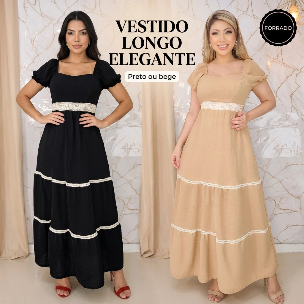 Moda Feminina Vestido Longo Casual Festa Forrado com Renda Elegante Confortável Versátil — imagem 1