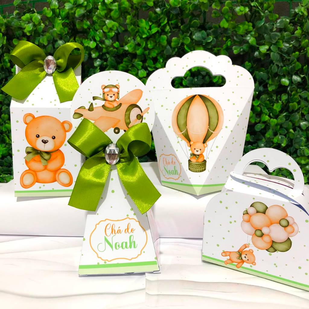 Kit Caixas Personalizadas URSO VERDE Lembrancinhas Chá de bebê ursinho Festa Infantil Aniversário Desmontadas