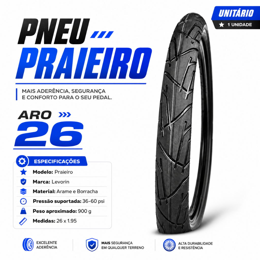 Pneu Bicicleta Bike Levorin Praieiro aro 26 x 1.95 Liso Passeio Urbano Arame Beach