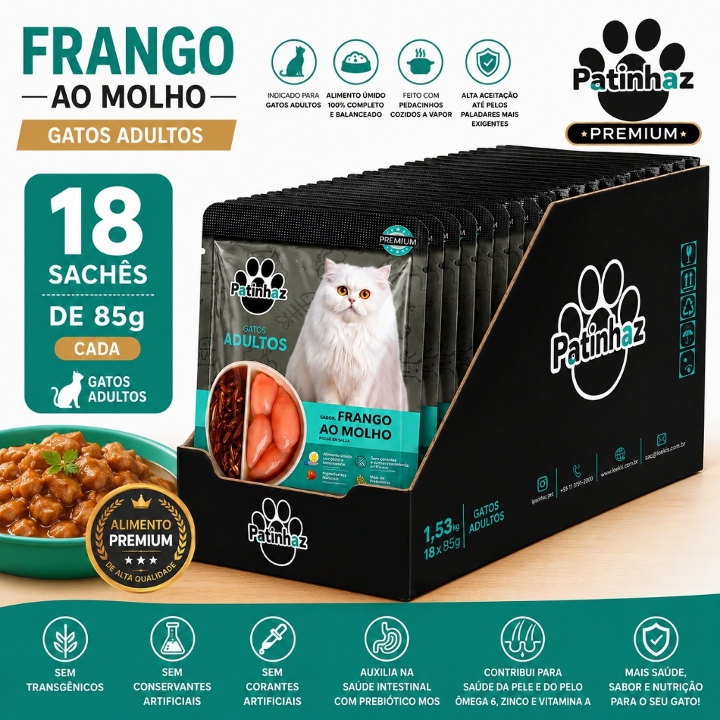 KIT 18 UN SACHE PATINHAZ GATO FRANGO AOMOLHO 85G -RAÇÃO UMIDA - SACHE FRANGO
