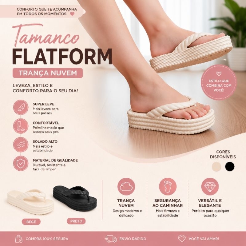 Chinelo Tamanco Plataforma Trança Nuvem Feminino Confortável Leve Solado Anatômico