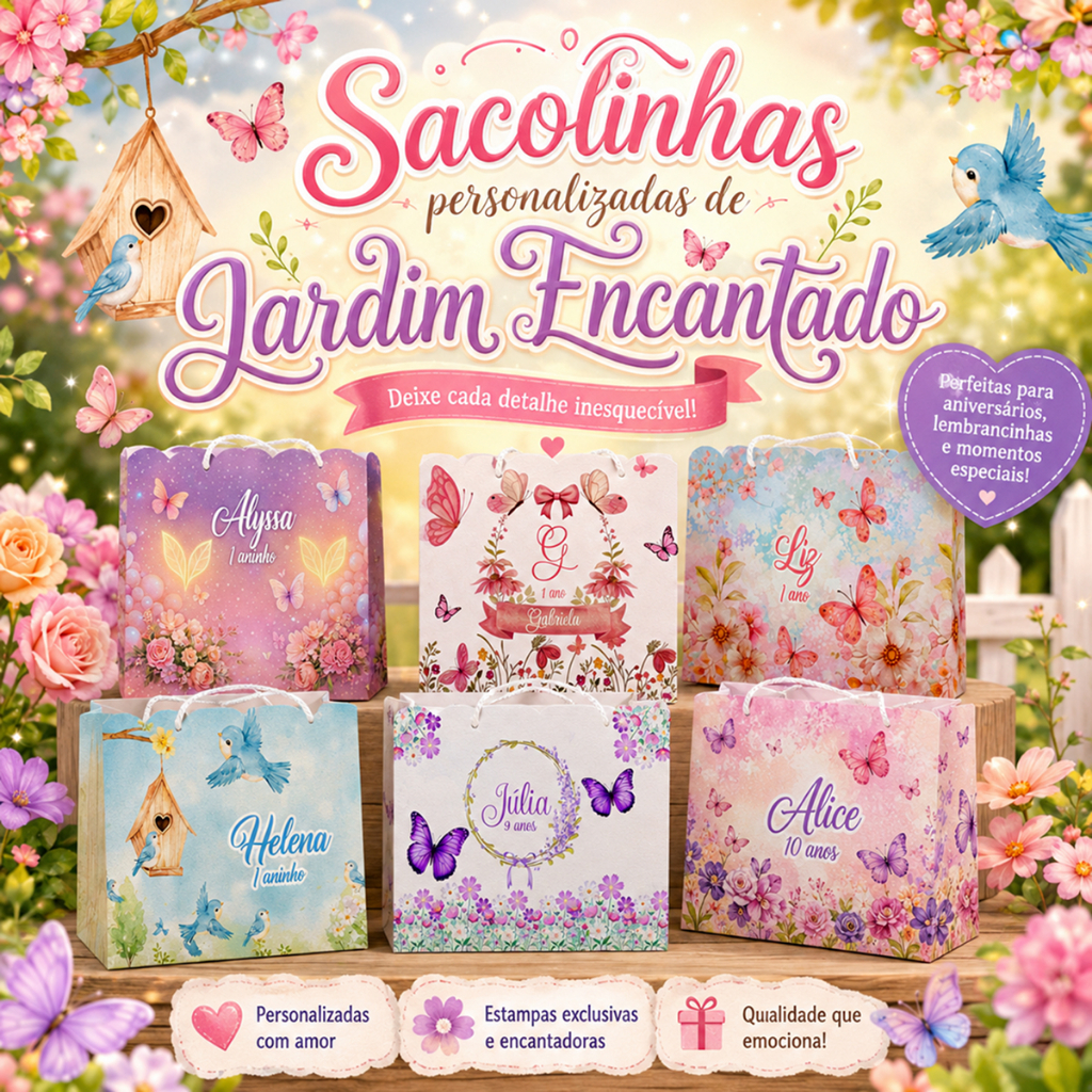 Sacolinhas Personalizadas Para Lembrancinha Kit Com 10 Tema Jardim Encantado das Borboletas