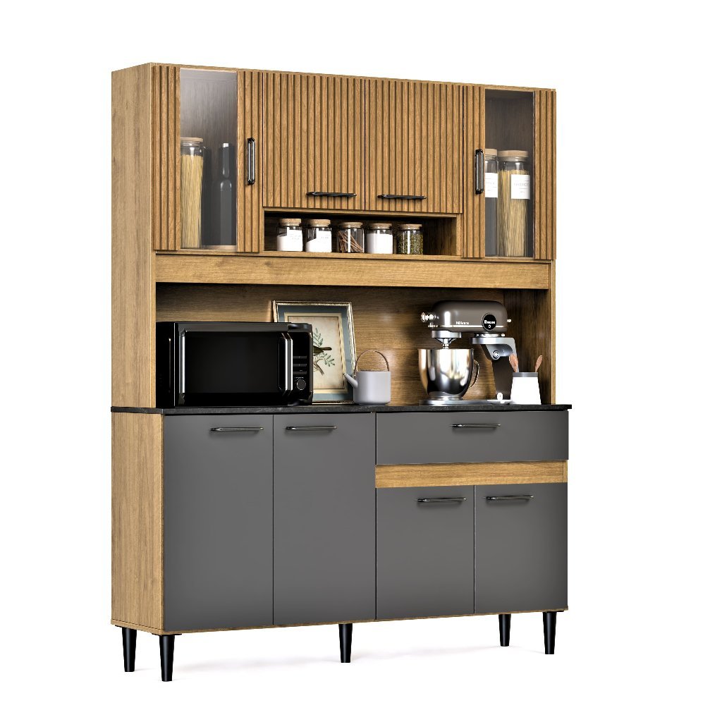 Armário de Cozinha Completa Coral 120cm Com Balcão de 8 Portas e Gaveta Compacta Com Detalhe em Vidro